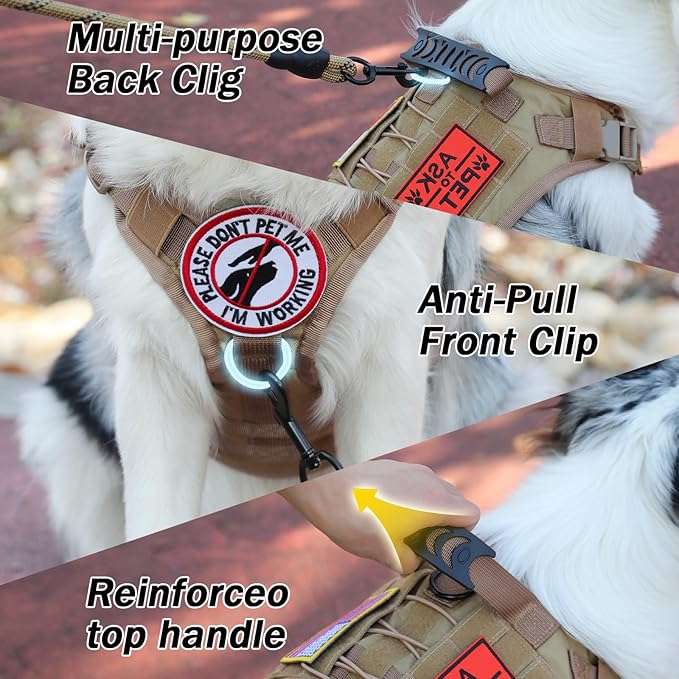 No Pull Tactical Dog Harness for Medium Dogs, Escape Proof Molle Dog Vest Harness and Leash Set, Adjustable Military Service Dog Harness with Handle for Medium Large Dogs(Brown,Medium)