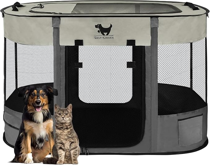 Rest-Eazzzy Dog Playpen, Foldable Kitten Playpen for Medium Dogs, Portable Pet Puppy Playpen with Removable Shade Cover, Indoor Outdoor Travel Camping Use for Small Pets with Carrying Case (M, Grey)