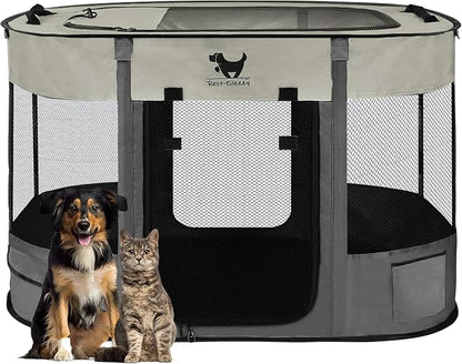 Rest-Eazzzy Dog Playpen, Foldable Kitten Playpen for Medium Dogs, Portable Pet Puppy Playpen with Removable Shade Cover, Indoor Outdoor Travel Camping Use for Small Pets with Carrying Case (M, Grey)