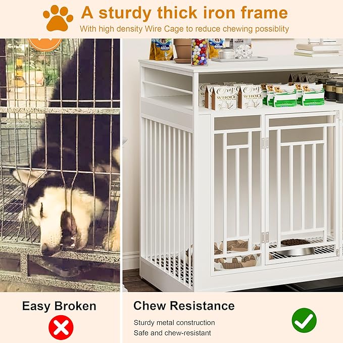 43.3 Inch Wooden Dog Crate Furniture for Large Dogs with Storage Drawers,Heavy Duty Double Door Pet Kennel with Divider,Decorative Dog House for Living Room,Bedroom,White