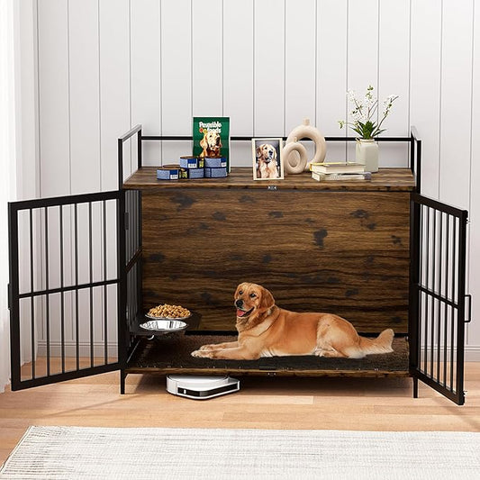LOVMOR Dog Cage Furniture with Rotating Feeder Bowls, Dog Kennel Indoor with Cushion, Dog Crates for Small and Medium Dogs, 41" L X 23.6" W 35.8" H, Rustic Brown