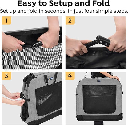 Veehoo 36 inch Folding Soft Dog Crate, 4-Door Portable Collapsible Pet Kennel Travel Dog Crate for Large Dogs, 5 x Durable Mesh Screen, 600D Oxford Fabric, Indoor & Outdoor Use, Grey, CWB2428CP