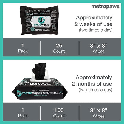 MetroPaws Peppermint Scented Charcoal Dog Wipes, 25 Extra Large & Thick Cleaning Wipes Ideal for Cats and Dogs, for Paws, Butt, Ears and Eyes
