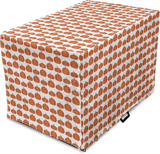 Lunarable Autumn Pumpkin Dog Crate Cover, Simplistic Halloween Fruit Pattern on Plain Backdrop, Easy to Use Pet Kennel Cover for Cats & Medium Dogs, 30 Inch, Orange Green