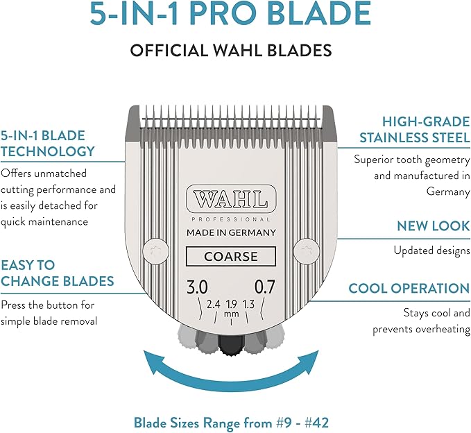 Wahl Professional Animal 5-in-1 Adjustable Blade Arco, Bravura, Chromado, Creativa, Figura, and Motion Pet, Dog, and Horse Clippers - Coarse (2179-401)