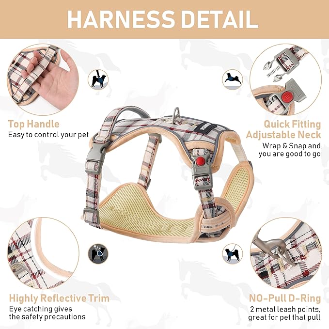 GAMUDA Dog Harness Collar and Leash Set, Dog Harness, No Chock No Pull Adjustable Vest Harnesses Plaid Reflective for Medium Dog, Cat, Small Horse, Small Bull and Pig (Beige, XS)