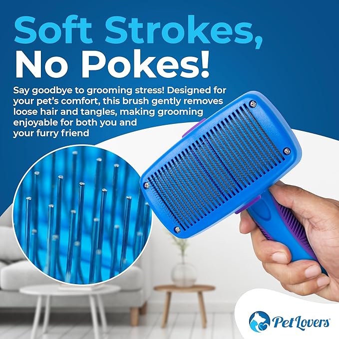 PetLovers EzSlicker Self-Cleaning Brush - Dog Brush for Shedding, Gentle Slicker Brush for Cats, Tangle-Free Grooming Comb with Soft Bristles & Ergonomic Handle for Stress-Free Grooming (Purple)