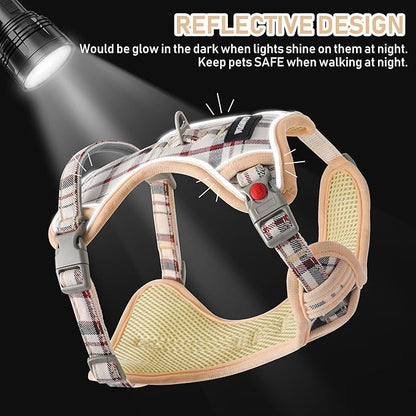 GAMUDA Dog Harness Collar and Leash Set, Dog Harness, No Chock No Pull Adjustable Vest Harnesses Plaid Reflective for Medium Dog, Cat, Small Horse, Small Bull and Pig (Beige, L)