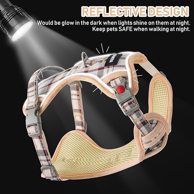 GAMUDA Dog Harness Collar and Leash Set, Dog Harness, No Chock No Pull Adjustable Vest Harnesses Plaid Reflective for Medium Dog, Cat, Small Horse, Small Bull and Pig (Beige, XS)