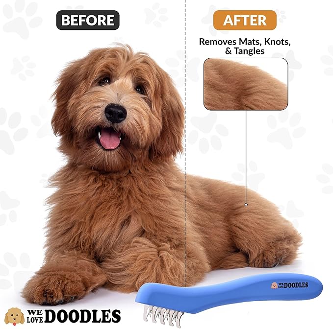 We Love Doodles Dematting Comb for Dogs - Dog Hair Mat Remover, Detangler Comb & Deshedding Tool, Removes Tangles, Knots, & Loose Hair, Metal Comb, Ergonomic Handle (9 Blade)