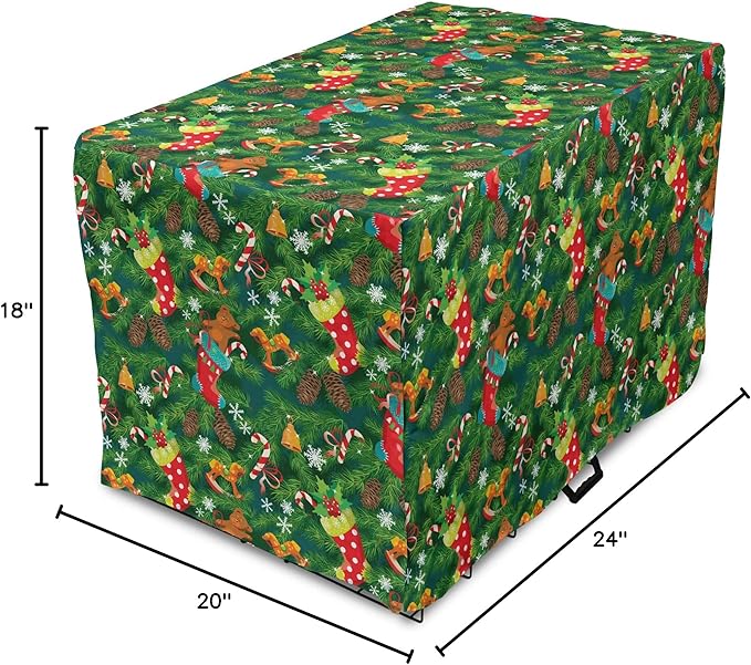 Ambesonne Christmas Dog Crate Cover, Xmas Accessories Stockings Candies Horse Teddy Bear on Pine, Easy to Use Pet Kennel Cover for Cats & Medium Dogs, 24 Inch, Green Brown