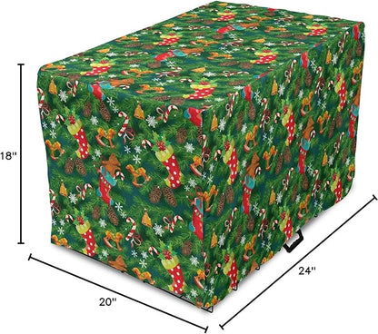 Ambesonne Christmas Dog Crate Cover, Xmas Accessories Stockings Candies Horse Teddy Bear on Pine, Easy to Use Pet Kennel Cover for Cats & Medium Dogs, 24 Inch, Green Brown
