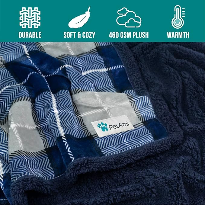 PetAmi Dog Blanket for Bed, XL Pet Blanket Large Dogs, Fleece Furniture Couch Cover Protector Sofa Car Crate Kennel, Soft Sherpa Cat Throw Plush Reversible Washable, Twin 60x80 Plaid Navy Blue