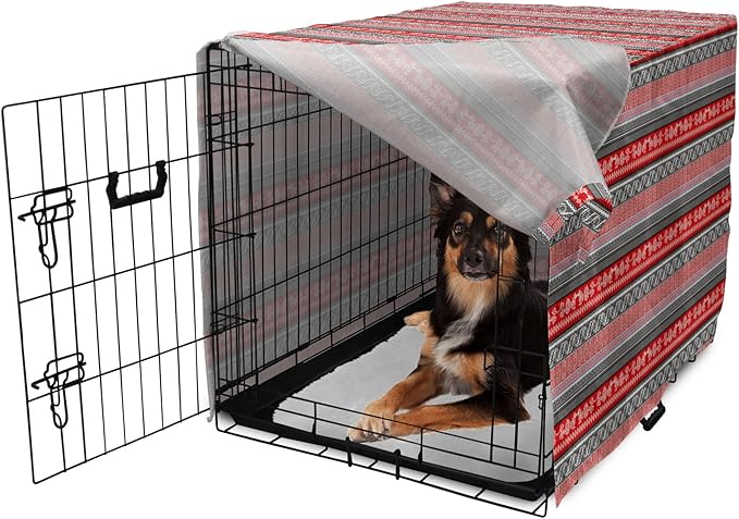 Lunarable Aztec Dog Crate Cover, Bird Motifs Abstract Indigenous Style Squares Latin American Inspired, Easy to Use Pet Kennel Cover for Medium Large Dogs, 36 Inch, Red Black White