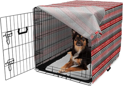 Lunarable Aztec Dog Crate Cover, Bird Motifs Abstract Indigenous Style Squares Latin American Inspired, Easy to Use Pet Kennel Cover for Medium Large Dogs, 36 Inch, Red Black White
