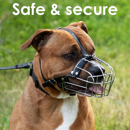 BRONZEDOG Pitbull Dog Muzzle Metal Mask Amstaff Wire Basket Pit Bull Adjustable Leather Straps for Large Dogs (Brown)