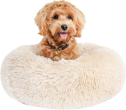 Small Dog Bed Calming Dogs Bed for Small Medium Large Dogs Anti-Anxiety Puppy Bed Machine Washable Warming Cozy Soft Pet Round Bed Fits up to 10-100 lbs (23”Small（Pack of 1）, Beige)