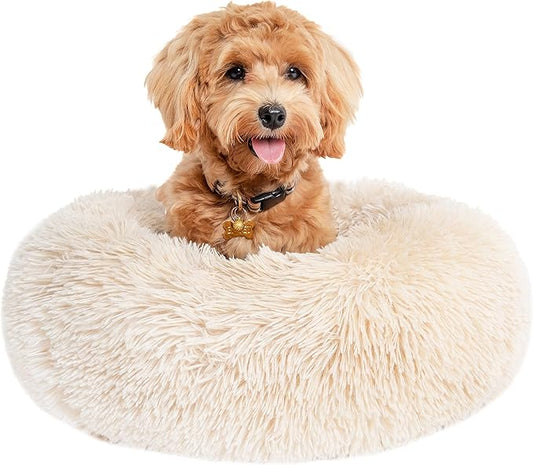 Small Dog Bed Calming Dogs Bed for Small Medium Large Dogs Anti-Anxiety Puppy Bed Machine Washable Warming Cozy Soft Pet Round Bed Fits up to 10-100 lbs (23”Small（Pack of 1）, Beige)