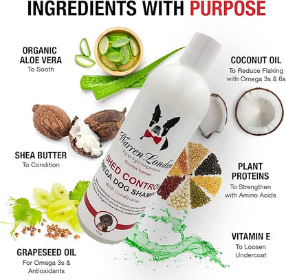 Warren London Shed Control Dog Shampoo for Shedding | 2-in-1 Dog DeShedding Shampoo and Conditioner | Nourishes Hair Follicles w/Grapeseed & Coconut Oil | Anti Shedding Shampoo for Dogs | 17oz