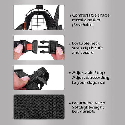OOPSDOGGY Pitbull Dog Muzzle Reflective Metal Mask Secure Wire Basket Muzzle for Large Sized Dogs Amstaff Soft Cage Muzzle to Prevent Biting Chewing with Adjustable Nylon Straps (Black, Pitbull)