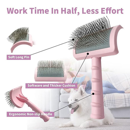 Firm Pet Grooming Kit: 25mm Extra Long Pin Brush for Goldendoodles, Wire Deshedding Brush, Removes Loose Hair & Undercoat (Pink)
