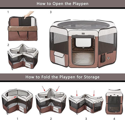 DONORO Dog Playpen 55" Portable Pet Play Pens for Medium Large Dogs, Foldable Exercise Kennel Tent Crate Indoor/Outdoor Travel Camping, Removable Top/Bottom (55"x55"x30"), 8