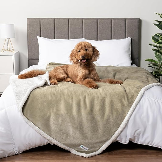 PetAmi Waterproof Dog Blanket for Bed, XL Dog Pet Blanket Couch Cover Protector, Sherpa Fleece Leakproof Blanket for Crate Kennel Sofa Furniture Queen Bed Protection Reversible Soft Plush 90x90 Taupe