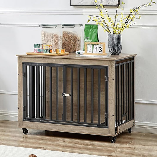 Dog Crate Furniture, Dog House Indoor with Feeding Bowl and Wheels, Wood Dog Crate Dog Kennels Decorative Dog Crate for Small Medium Dogs Grey 38.58" W x 25.2" D x 27.17" H One Size