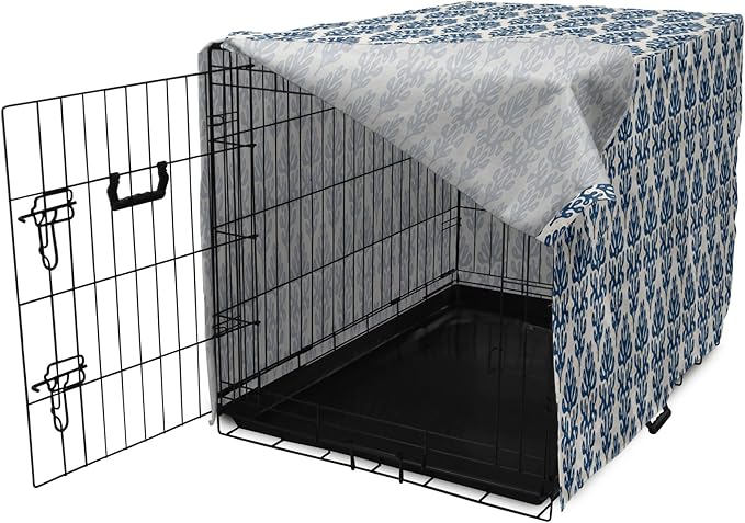 Lunarable Contemporary Blue Dog Crate Cover, Abstract Coral Inspired Motifs with Dots Around, Easy to Use Pet Kennel Cover for Medium Large Dogs, 36 Inch, Pale Eggshell Night Blue