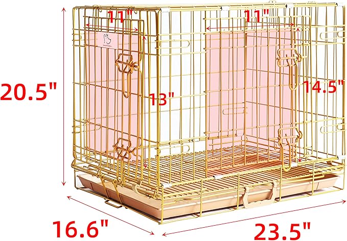 HOMEY PET 24" Gold Color Folding Design Dog Crate Puppy Ertra Small Breed Dog Kennels with Removable Floor Grid and Pull Out Tray, Dog Cage Copper Gold Finish
