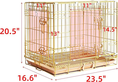 HOMEY PET 24" Gold Color Folding Design Dog Crate Puppy Ertra Small Breed Dog Kennels with Removable Floor Grid and Pull Out Tray, Dog Cage Copper Gold Finish