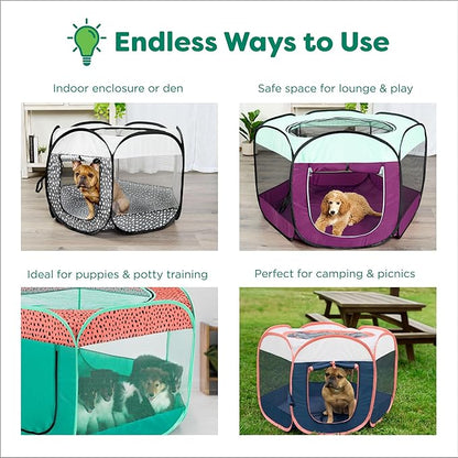 Furhaven Portable Dog Playpen Cat Tent, Pet Playground/Kennel Foldable Indoor Outdoor Zippered Puppy Crate - Green & Pink, Small
