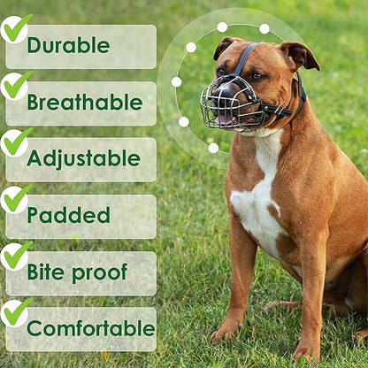 BRONZEDOG Pitbull Dog Muzzle Metal Mask Amstaff Wire Basket Pit Bull Adjustable Leather Straps for Large Dogs (Brown)