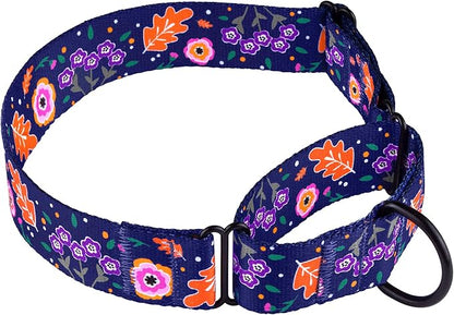 CollarDirect Martingale Collars for Dogs Heavy Duty Floral Pattern Female Safety Nylon Training Wide Collar Flower Design Large Medium (XL, Neck Size 19"-24", Navy Blue)