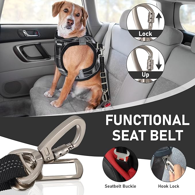 GAMUDA Dog Harness, Collar and Seat Belt Set, Vehicle Safety Harness, Retractable Adjustable Pet Seatbelts with Travel Strap and Carabiner for Most Cars (Black, XS)