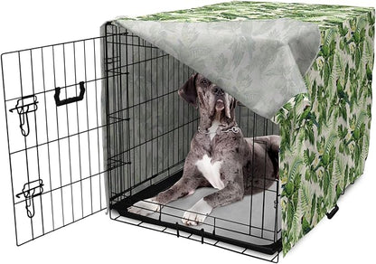 Lunarable Green Dog Crate Cover, Exotic Tropic Pattern with Palm Leaves Breadfruits Plumeria Flowers and Parrots, Easy to Use Pet Kennel Cover for Medium Large Dogs, 48 Inch, Lime Green Cream