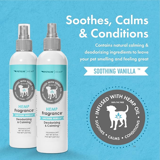 Petkin Hemp Fragrance for Dogs and Cats - With Hemp Oil & Soothing Vanilla Extract, 8 oz - Soothes, Calms & Conditions - Keeps Pet Smelling Great - For Home, Travel & Use on Pet Bedding