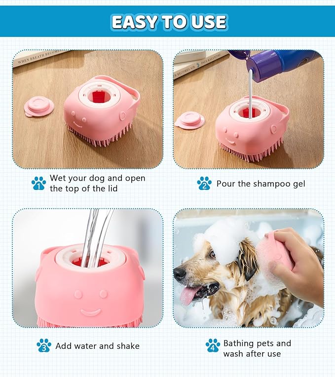 Pet Grooming Brush with Shampoo Dispenser, Soft Silicone Bath Scrubber for Dogs, Cats, and Puppies – Gentle Cleaning and Massaging Tool, Ideal for Small Pets, Easy to Use & Clean, Pink/Blue