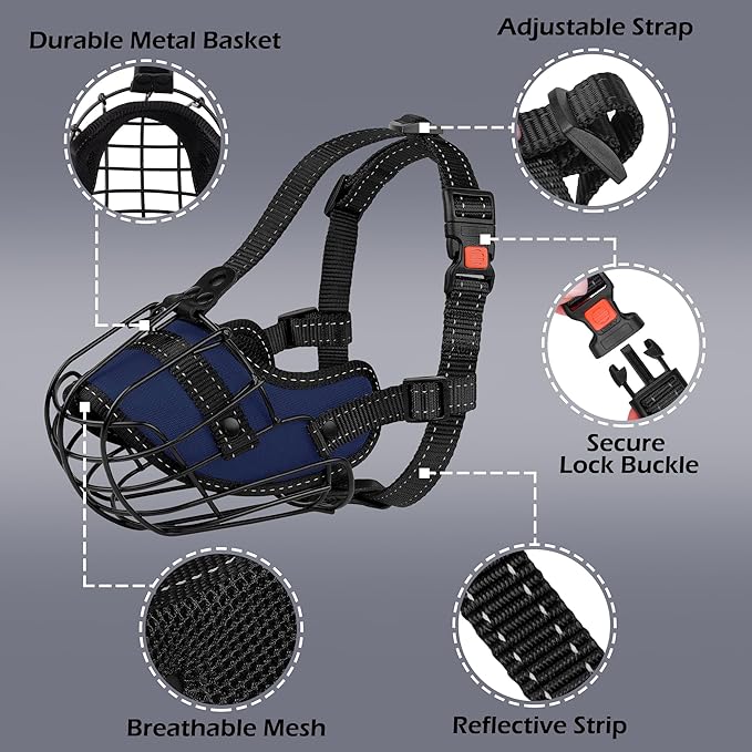 OOPSDOGGY Pitbull Dog Muzzle Reflective Metal Mask Secure Wire Basket Muzzle for Large Sized Dogs Amstaff Soft Cage Muzzle to Prevent Biting Chewing with Adjustable Nylon Straps (Blue, Pitbull)