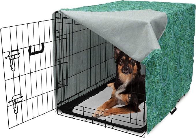 Lunarable Emerald Dog Crate Cover, Mandala Pattern with Soft Color Pattern Complex Motif Eastern Geometric Style, Easy to Use Pet Kennel Cover for Medium Large Dogs, 36 Inch, Green Blue
