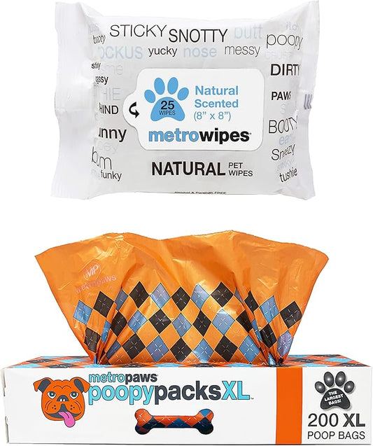 MetroPaws Unscented Dog Wipes, 25 Extra Large, Thick Cleaning Wipes & Waste Packs XL - 200 Extra Large Dog Bags, Leakproof, Durable Pet Waste Bags for Easy Cleanup [ORANGE]