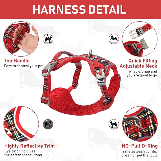 GAMUDA Dog Harness Collar and Leash Set, Dog Harness, No Chock No Pull Adjustable Vest Harnesses Plaid Reflective for Medium Dog, Cat, Small Horse, Small Bull and Pig (Red, L)