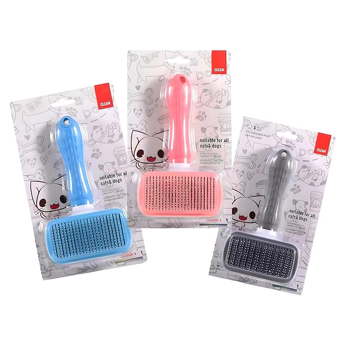 Pet Grooming Brush, Gray - Self Cleaning Dematting Comb for Cats and Dogs, Bristles with Massage Particles, Ergonomic Handle Design, Easy to Use, for Long or Short Hair Breeds, Stainless Steel