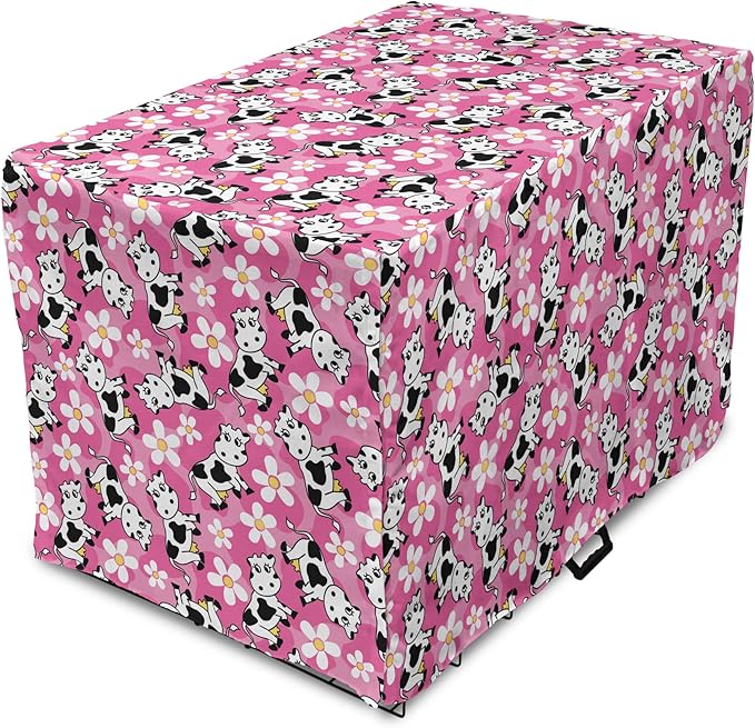 Lunarable Cow Dog Crate Cover, Cartoon Pattern Domestic Farm Animal and Daisy Flowers, Easy to Use Pet Kennel Cover for Cats & Medium Dogs, 30 Inch, Pink Charcoal Grey