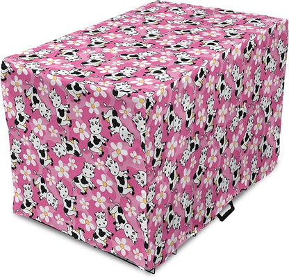 Lunarable Cow Dog Crate Cover, Cartoon Pattern Domestic Farm Animal and Daisy Flowers, Easy to Use Pet Kennel Cover for Cats & Medium Dogs, 30 Inch, Pink Charcoal Grey