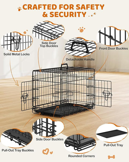 Yaheetech 24 inch Dog Crate Double Door w/Divider for Puppy Collapsible Metal Crate with Removable Tray Wire Kennel Pet Crate for Small Dogs Portable Travel Cage, Black
