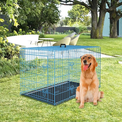 PayLessHere Large Dog Crate Kennel for Medium Large Dogs Metal Dog Cage Double-Door Folding Travel Indoor Outdoor Puppy Playpen with Divider and Handle Plastic Tray (48 Inch, Blue)