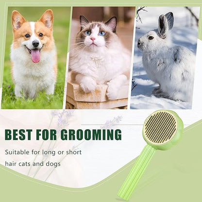 METREE Cat Hair Brush, Self Cleaning Pet Slicker Brush with Release Button, Grooming Brush for Shedding, Long or Short Haired Cats Dogs (Lime Green)
