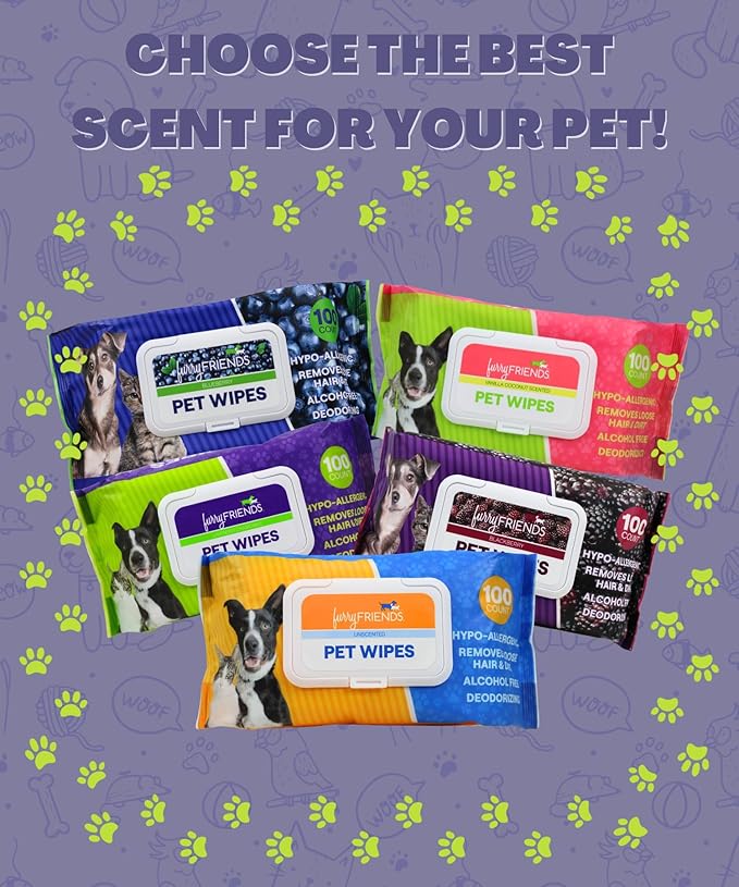 FurryFriends Pet Wipes | Lavender Chamomile Scented | Hypo-allergenic | Alcohol Free| Deodorizing | Removes Loose Hair & Dirt | Incredibly Clean | 100 ct. 1 Pack
