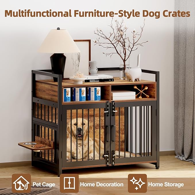 Dog Crate Furniture, 41 Inch Wooden Dog Cage with 2 Drawers, 360° & Adjustable Raised Feeder, Furniture Dog Crate for Medium-Large Dog Indoor